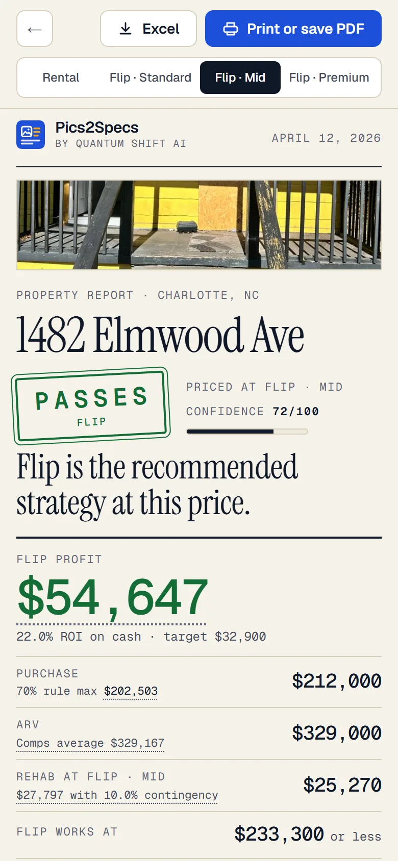 The shared Pics2Specs report for 1482 Elmwood Ave on a phone: Flip passes, $54,647 flip profit